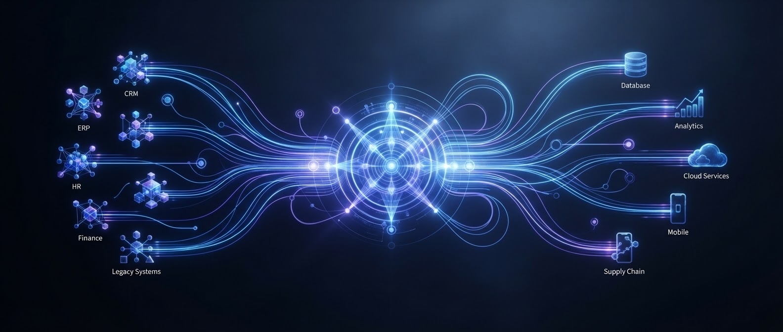 Integration hub connecting CRM, ERP, HR and finance systems to databases, analytics and cloud services