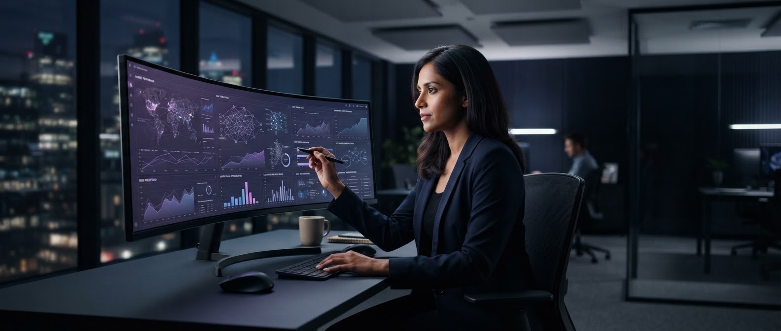 Analyst reviewing live application monitoring dashboards