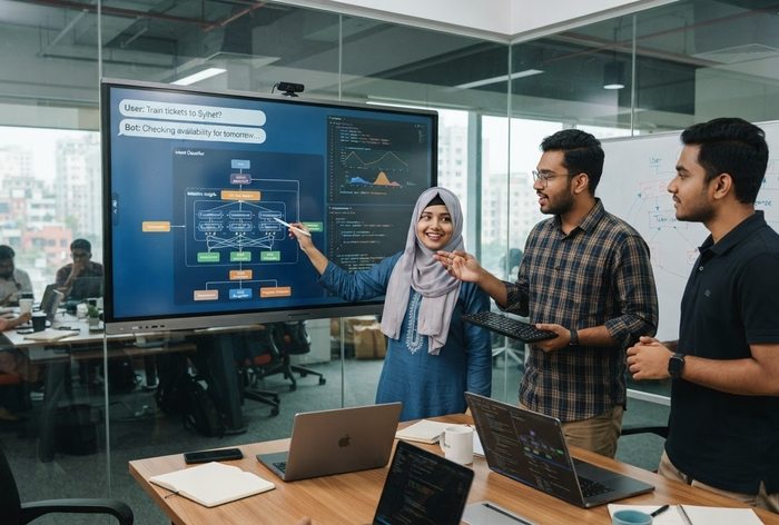 Fountain team member presenting an AI chatbot's insights on screen to colleagues