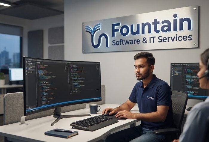Fountain developer coding at his desk under the Fountain Software & IT Services sign